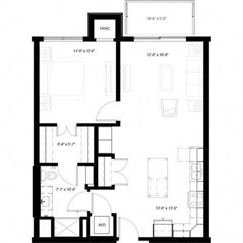 Floor plan for 1 bed, 1 bath, 813 sqft